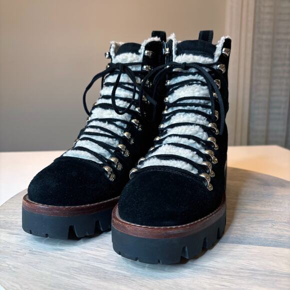 Jeffrey Campbell Black Suede Shearling Lace-Up Lug Sole Boots Women’s Size 7 - Picture 5 of 10